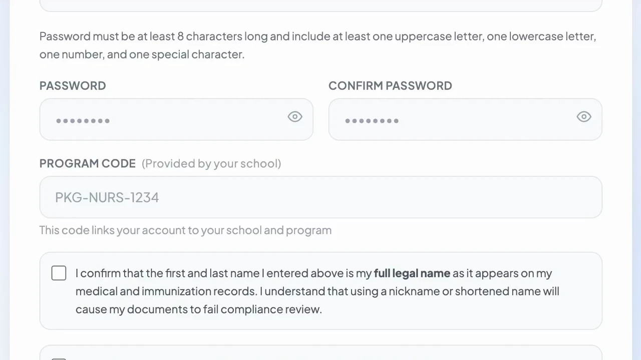 Portal registration form with password fields and a Program Code field showing PKG-NURS-1234, labeled: this code links your account to your school and program.