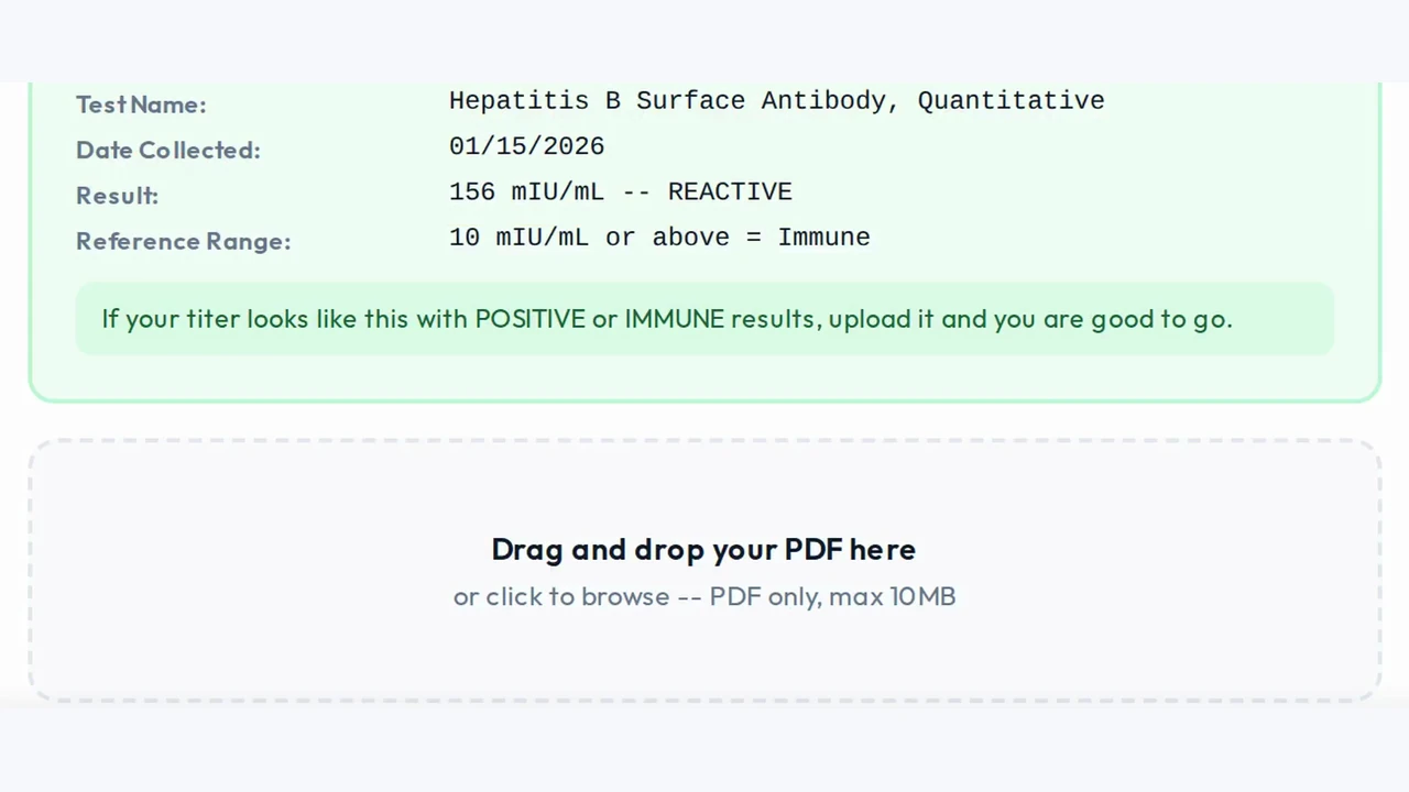 Upload window for a Hepatitis B titer showing an example of an accepted lab result above a drag-and-drop box for the PDF.
