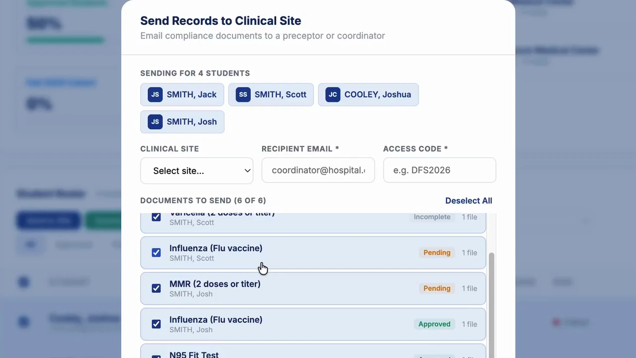 Send Records to Clinical Site window with four selected students, recipient email and access code fields, and a checked list of documents.