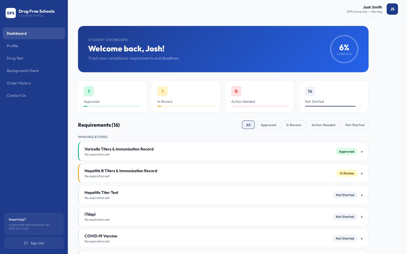 Drug Free Schools student portal showing the compliance requirement checklist with approved, in-review, and not-started statuses and a completion percentage